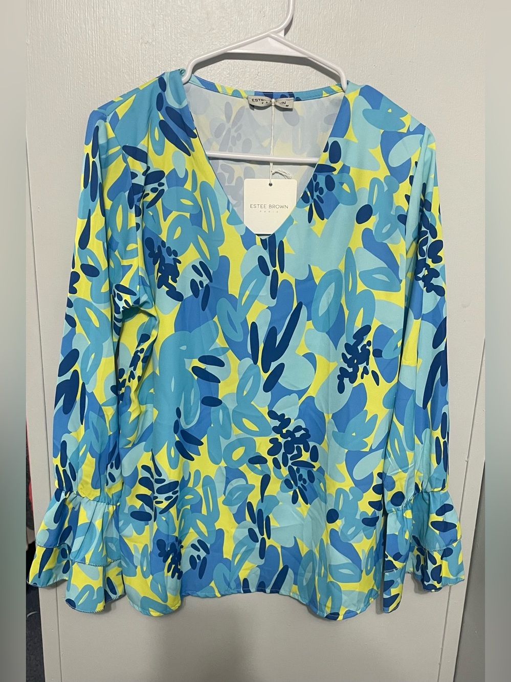 Estee Brown Paris Size Medium Belle Sleeve Blouse Blue And Yellow Abstract